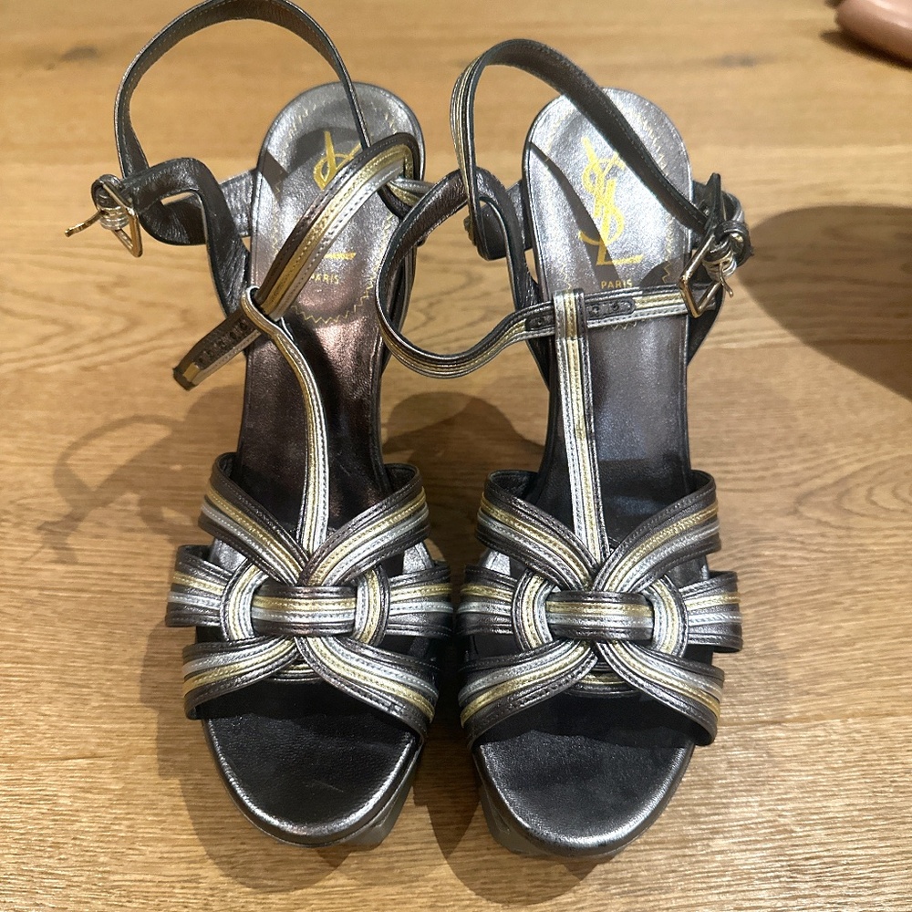 Saint Laurent Tribute Platform Sandal - Size 39 Pewter and Gold